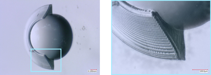 Fig. 5: interim results: Shown on the left is the first attempt to print an aspherical contour on a lens blank with a diameter of 1 mm. The printing process stopped after about 60 %. For illustration purposes, only one half was printed.