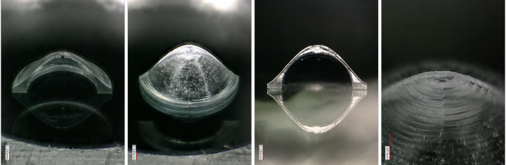 Abb. 6: Dargestellt sind Mikroskopaufnahmen einer mit dem 5-Achssystem gedruckten Linsenasphärisierung ohne einen Rohling. Auch hier ist zur Anschauung nur eine Hälfte der Asphärisierung gedruckt worden.
